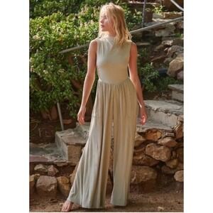 Free People FP Beach Jumpsuit Womens Medium Beige Open Back Wide Leg Summer